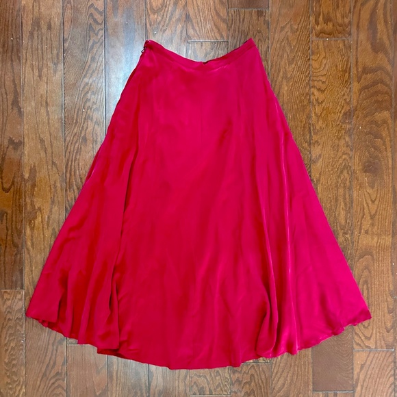 90s Vintage Laura Ashley Silk A-line Maxi Tea Length Skirt Shiny Rust Holiday - Picture 2 of 6